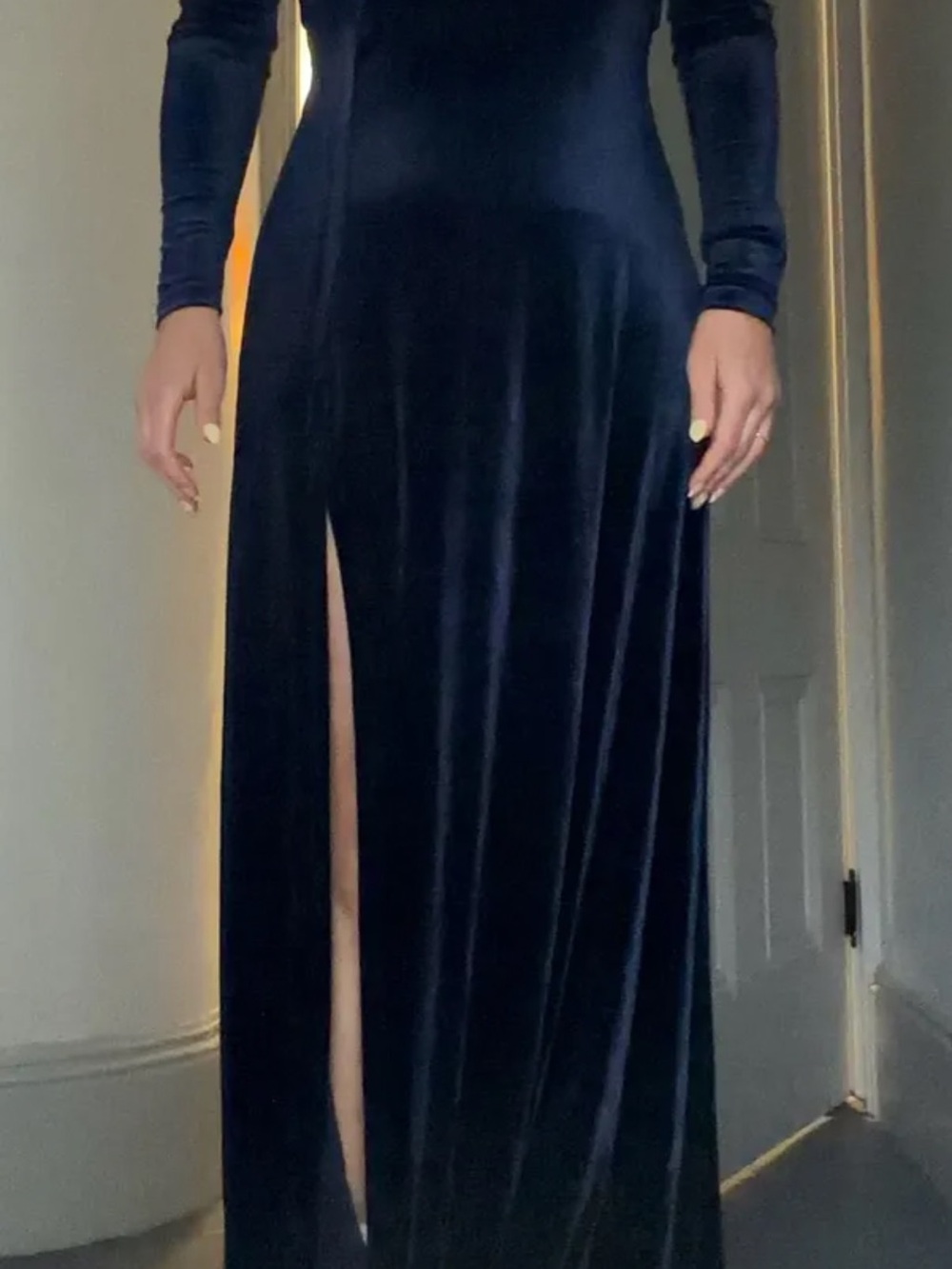 Showpo Midnight Blue Velvet Maxi Skirt with Front Slit